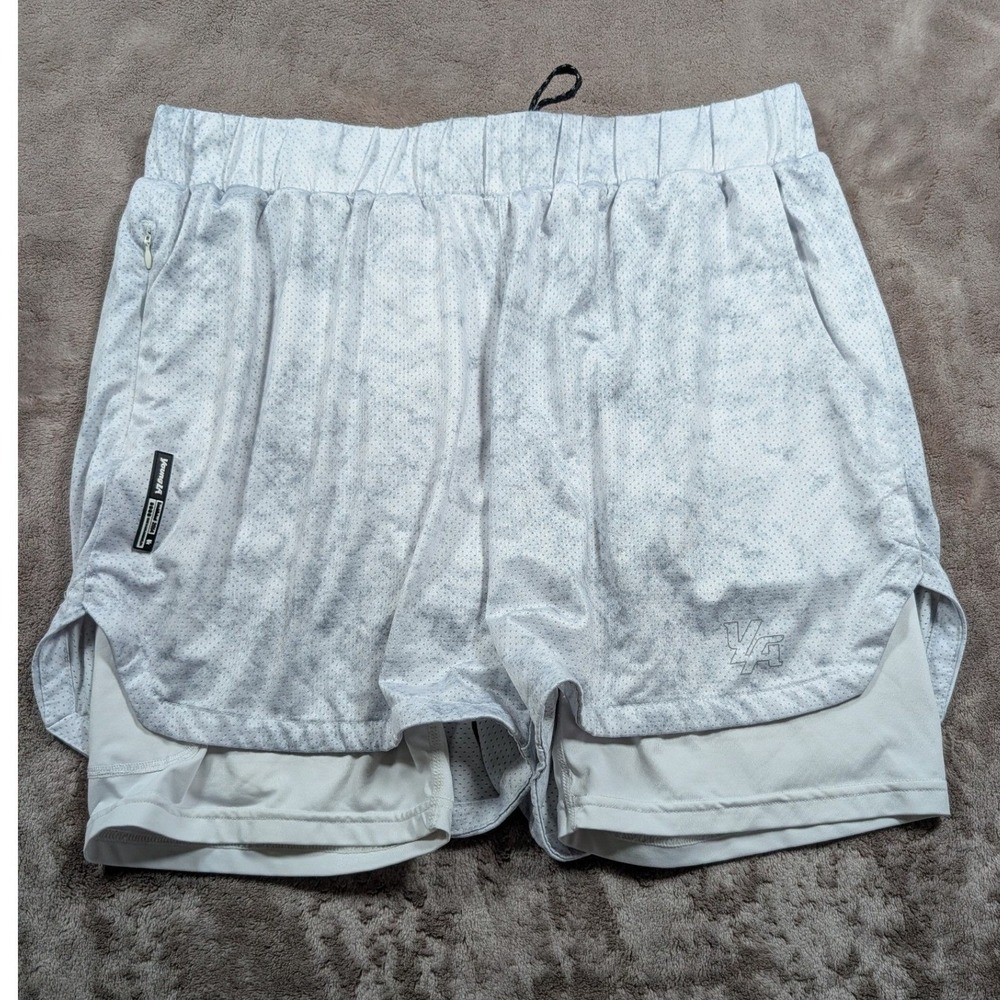 YoungLA 2-in-1 Mesh Athletic Shorts Mens L Grey Marble Layered Gym Workout